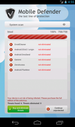 Mobile Defender malware av results